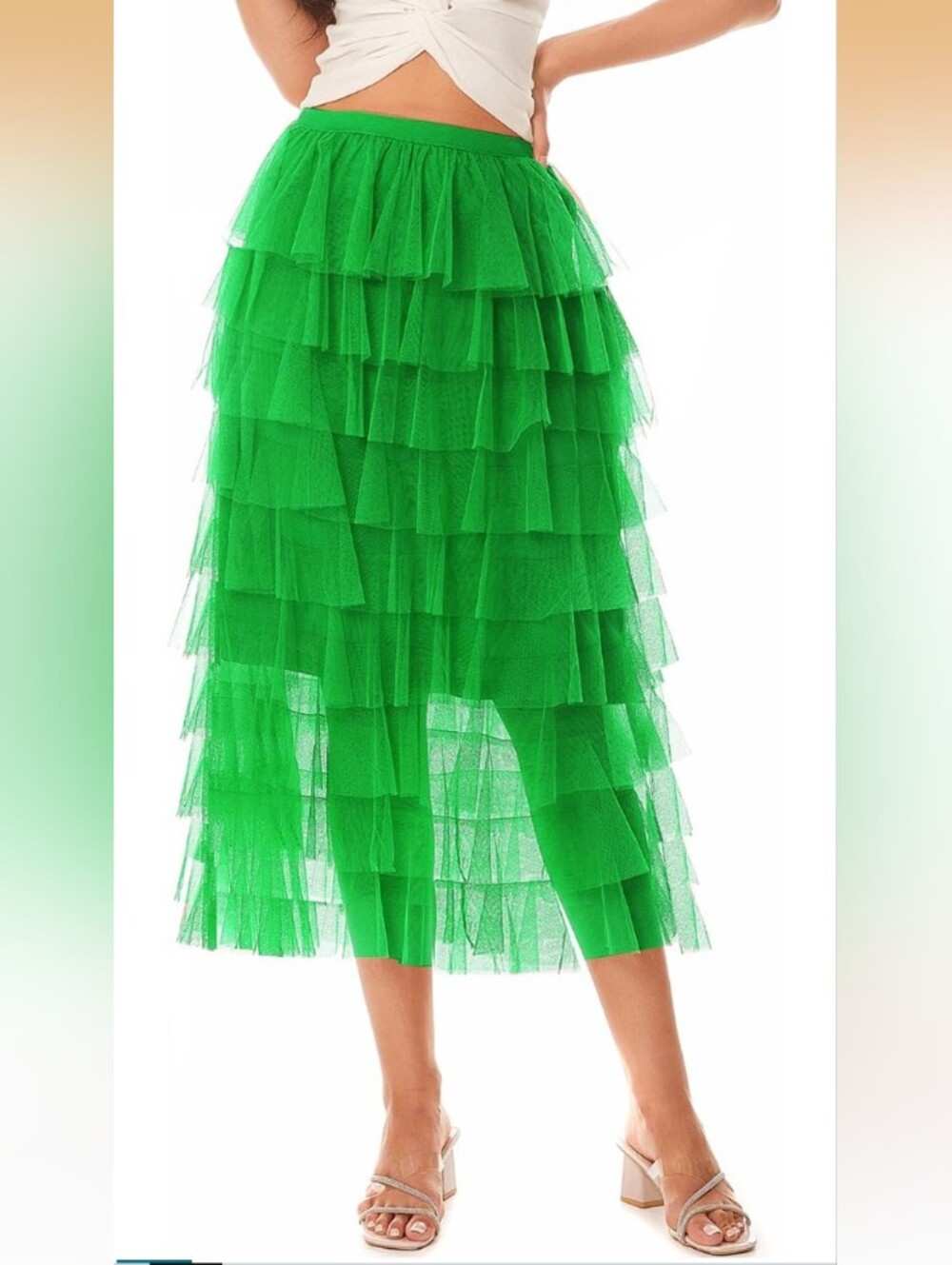 BDQING Green Tiered Tulle Midi Skirt Size Medium NWT - Picture 1 of 5